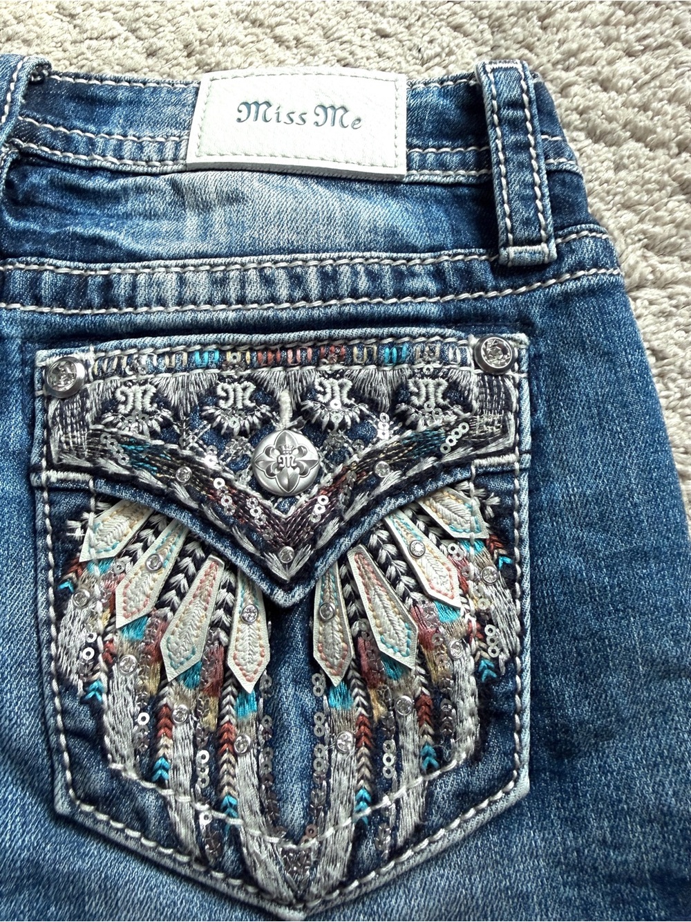 Miss Me Shorts 26 Denim Blue Jean Y2k Rhinestone Embellished Midi angel wing - Picture 6 of 10